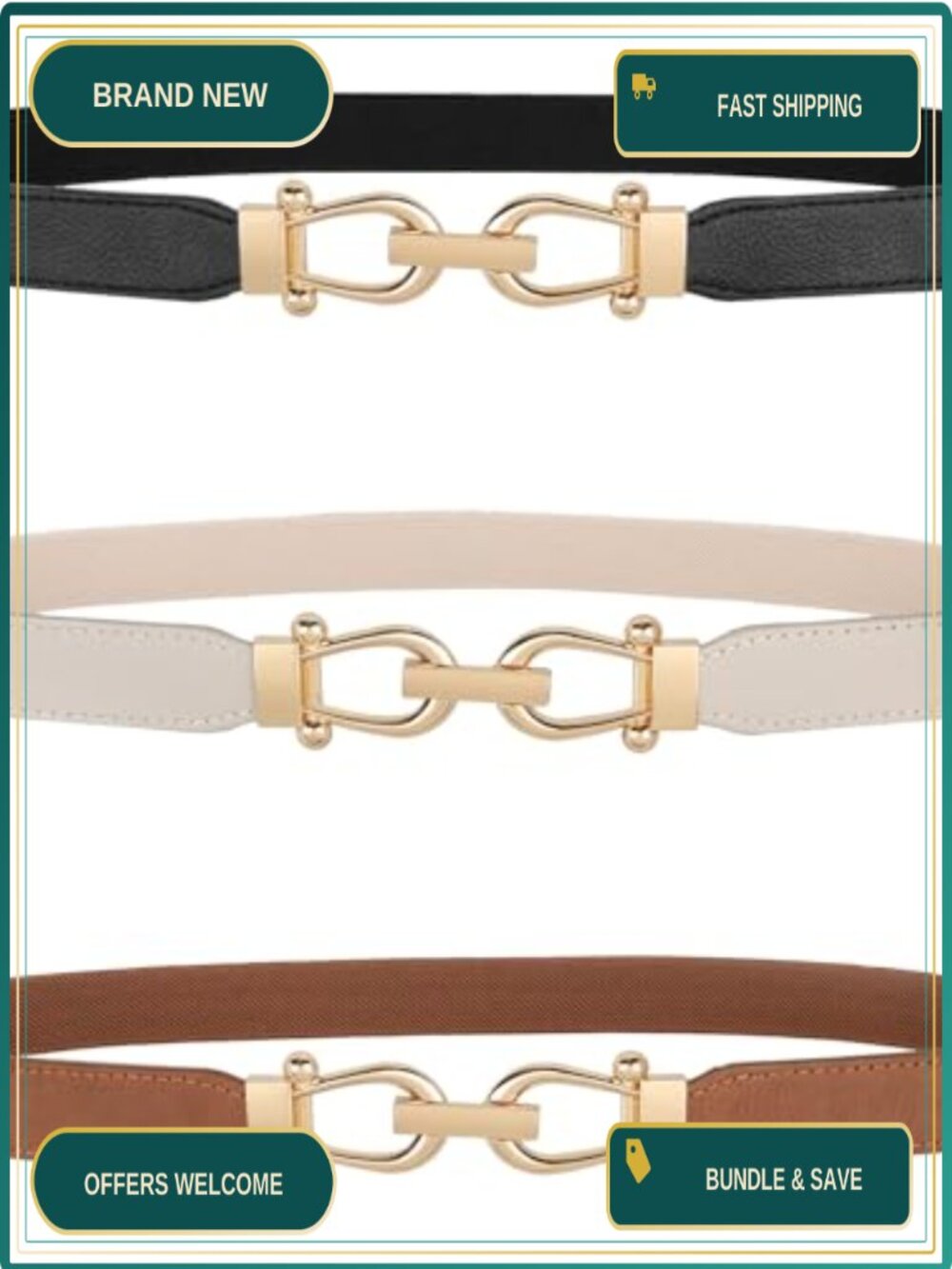 Women's Skinny Elastic Belt with Gold Buckle for Dresses